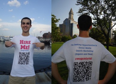 David Wogan with his 'Hire Me!' t-shirt: all part of his bid to market himself as a brand.