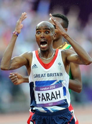 Great Britain's Mo Farah celebrates winning the Men's 5,000m Final on day fifteen of the London Olympic Games