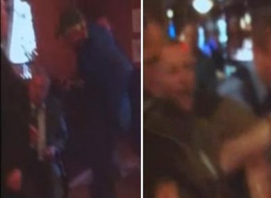 Left frame - Pat Rabbitte, seated, is berated by the man in cap; Right frame - a different man in his 20s is arrested by gardai at Buswell's.