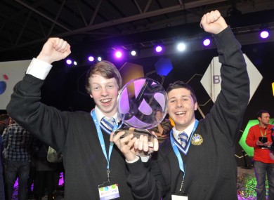 Mark Kelly and Eric Doyle from Synge Street CBS celebrate their victory at the BT Young Scientist in January.