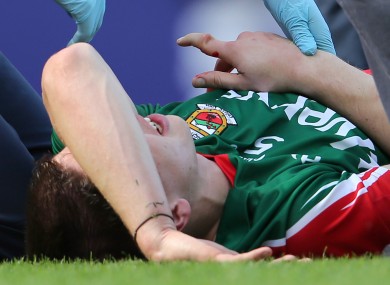 Mayo's Lee Keegan after suffering a compound fracture to his index finger during the All-Ireland semi-final.