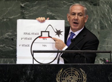 Prime Minister Benjamin Netanyahu of Israel shows an illustration as he describes his concerns over Iran's nuclear ambitions.