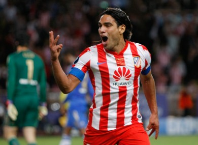 Falcao celebrates his third goal against Chelsea in the Super Cup final.