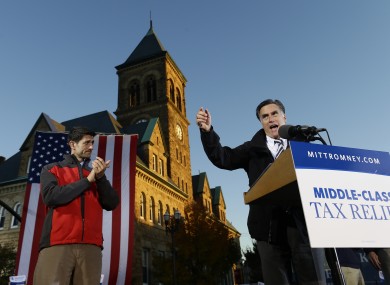 Mitt Romney and Paul Ryan (left) campaigning in Lancaster, Ohio last night.