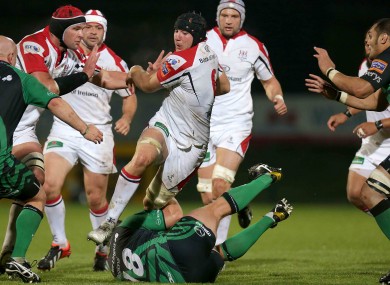 Stephen Ferris of Ulster vaults Connacht prop Nathan White.