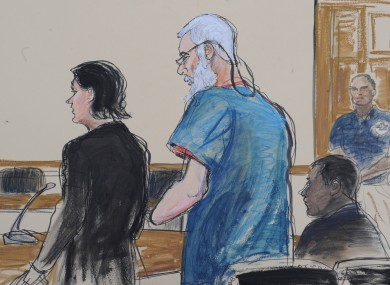 In this courtroom drawing, defense attorneys Sabrina Shroff and Jerrod Thompson Hicks represent accused terrorist Abu Hamza al- Masri, centre