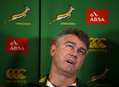 South Africa head coach Heyneke Meyer looks up as he speaks during a press conference at a hotel in London yesterday.