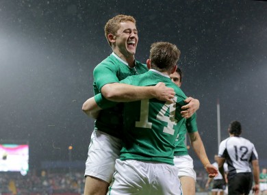 Paddy Jackson celebrates a Craig Gilroy try against Fiji.