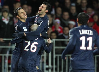 Zlatan Ibramiovic celebrates with Thiago Motta.