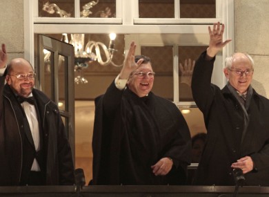 European Parliament President Martin Schulz, left, European Commission President Jose Manuel Barroso, center, and European Council President Herman Van Rompuy wave to the crowd in Oslo today.