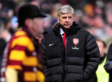 Arsenal manager Arsene Wenger at half-time last night.
