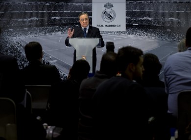 No trouble: Real Madrid president Florentino Perez addresses the media today.
