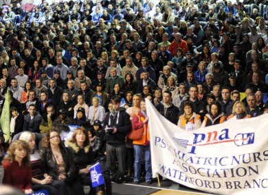 Thousands of frontline services staff attended a rally against pay cuts at the National Basketball arena in Tallaght yesterday.