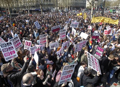 Pro-gay marriage demonstrators gather for a counter-protest at Bastille square in Paris, today, ahead of Tuesday's vote.