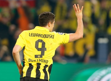 Robert Lewandowski celebrates after scoring his fourth goal during the Champions League semi-final.