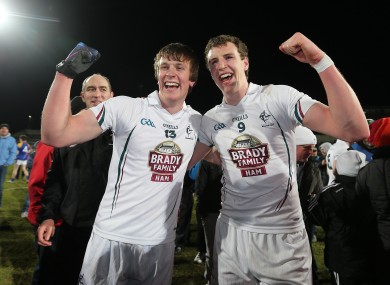 Kildare's Paddy Brophy and Sean Hurley celebrate after Wednesday night's victory.