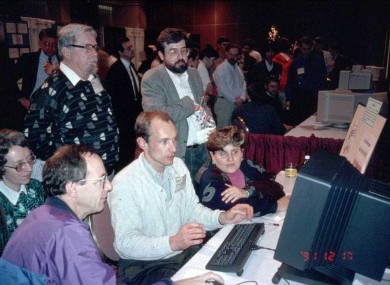 Tim Berners-Lee demonstrates the world wide web to people at a conference in Texas in 1991