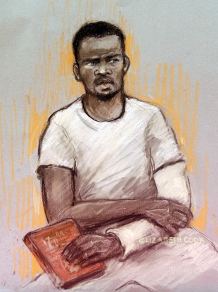 A courtroom sketch by artist Elizabeth Cook shows Michael Adebolajo at his first court appearance on Monday