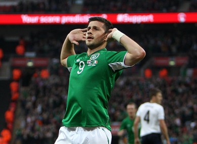 Shane Long celebrates his goal against England.