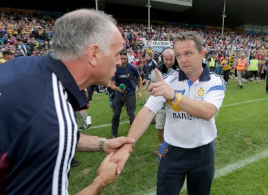Clare manager Davy Fitzgerald with Galway manager Anthony Cunningham after the game.