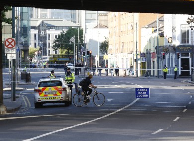 Garda on duty outside Connolly Train Station earlier.