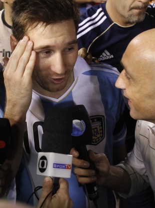 Argentina's Lionel Messi speaks to the press after a game with Paraguay this week.