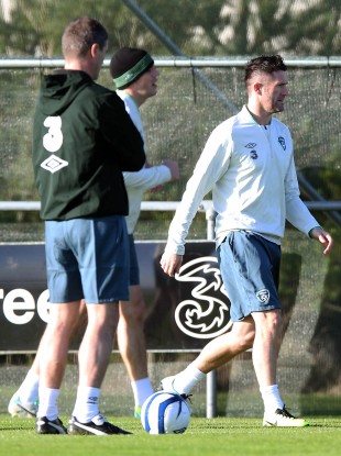 Keane and O'Shea in training on Wednesday: both are expected to start v Latvia.