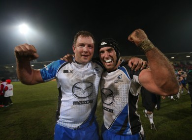 Michael Swift and John Muldoon celebrate the away win over Toulouse.