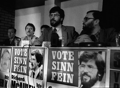 Gerry Adams at a press conference in Belfast to launch its party manifesto in May 1983.