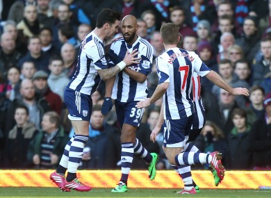 West Bromwich Albion's Nicolas Anelka (centre) celebrates scoring their opening goal of the game with teammates Liam Ridgewell (left) and James Morrison.