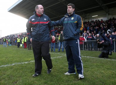 Cork manager Brian Cuthbert with Kerry boss Eamonn Fitzmaurice after yesterday's McGrath Cup final.