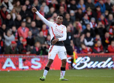 Liverpool's Daniel Sturridge celebrates after he scores his side's second goal.