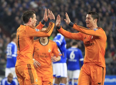 Gareth Bale, left, celebrates his side's second goal with Real's Cristiano Ronaldo.