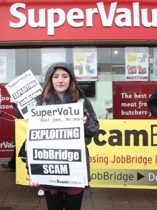 ScamBridge.ie protester Marie Hamrock outside the store.