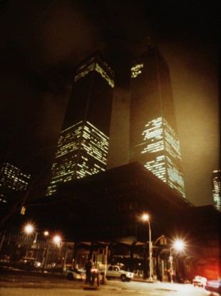 The twin towers of New York's World Trade Center are pictured in the aftermath of an explosion which occured in the underground parking garage underneath the adjacent Vista Hotel, February 26, 1993.