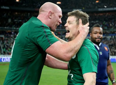 Paul O'Connell embraces Brian O'Driscoll.