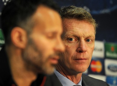 Manchester United manager David Moyes and Ryan Giggs at today's press conference at Old Trafford.