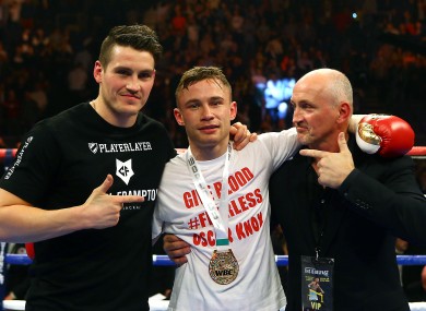 Shane and Barry McGuigan celebrate Friday night's win with Carl Frampton.
