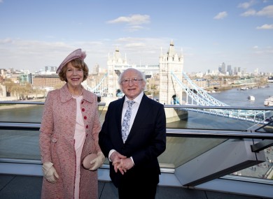 Sabina Higgins and President Michael D Higgins pose at City Hall in London today.