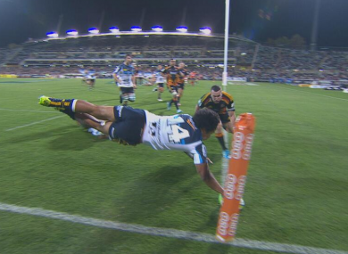 Joe Tomane dives over to score for the Brumbies.