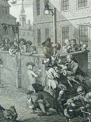 William Hogarth's First Stage of Cruelty shows schoolboys cock throwing.