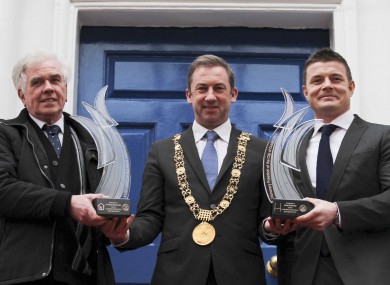 Lord Mayor of Dublin Oisin Quinn bestowing the Freedom of the City to Brian O'Driscoll and Fr Peter McVerry.