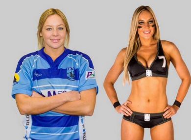 Chloe Butler poses beside a picture of her from Legends Football days (in 2012).