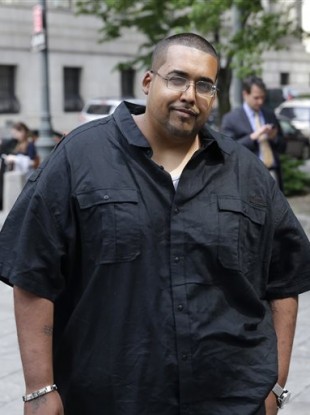 Hector Xavier Monsegur, known as Sabu, arrives at court in New York for a sentencing hearing today.