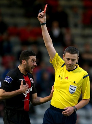 Bohs' Roberto Lopes is shown a straight red card by Referee Paul McLaughlin.