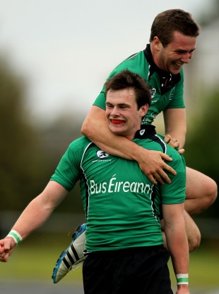 Jack Carty and Shane Layden playing together in the green of Connacht.