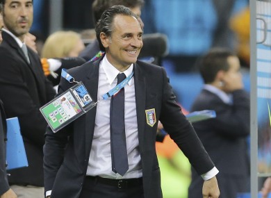 Cesare Prandelli smiles after the group D World Cup soccer match between England and Italy.