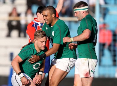 Ian Madigan celebrates his try with Simon Zebo and Fergus McFadden.