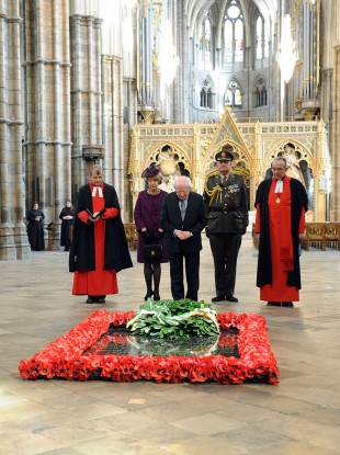 President Michael D Higgins visiting the unknown warrior memorial in Westminster Abbey.
