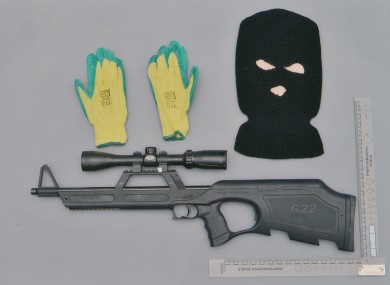 The .22 rifle, gloves, and balaclava found at the home of Gavin Coney near Omagh, Co Tyrone.